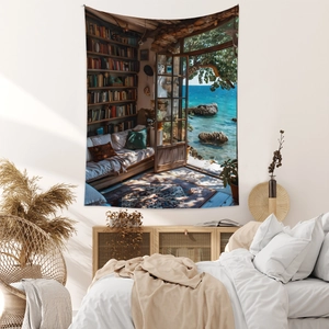 Detail showing high-quality bohemian tapestry featuring an ocean view library scene