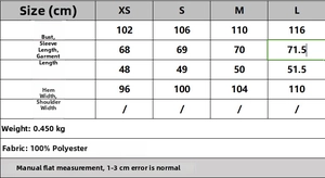 Size chart for cropped trench jacket with bust, sleeve length and fabric specifications