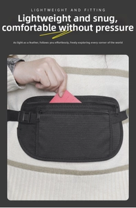 Détail d'une ceinture de sport noire fine montrant la matière légère et les poches