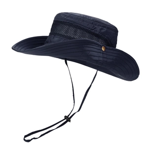 Quick-dry navy blue outdoor sun hat with breathable mesh and adjustable chin strap
