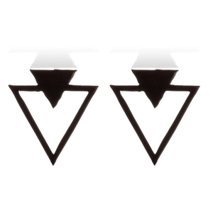 Close-up of minimalist black geometric overlapping hollow triangle stud earrings
