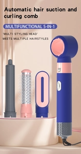 Deep blue 5-in-1 multi-styler hair dryer tool set with curling and styling attachments