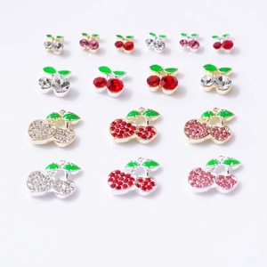 3D cherry nail art charms with rhinestones and colorful enamel in gold and silver settings