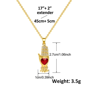 Detailed size chart showing 45+5cm chain length and 2.7cm red heart crown pendant