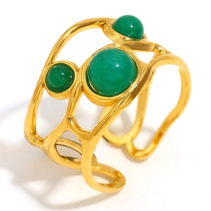 18K gold plated stainless steel open ring featuring three irregular green gemstones
