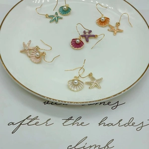 Shell Starfish Artificial Pearl Asymmetric Drop Earrings Copper Gold Plated Enamel Beach Ocean Style Jewelry For Women
