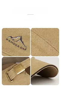 Macro detail of khaki cotton baseball cap with mountain embroidery and bronze buckle
