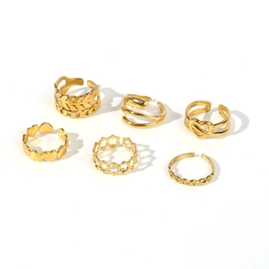 Set of 6 gold adjustable rings featuring leaf and heart motifs in 18k plated finish