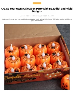 Set of 12 orange LED pumpkin candles with spider web design in original display box