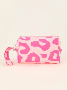 Detail of pink leopard print canvas makeup bag with secure zipper and side handle