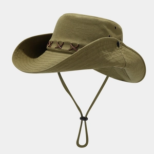 Army green western cowboy sun hat with wide brim, chin strap and side vents for hiking