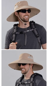 Dettaglio cappello da sole kaki per esterno con tesa larga e rete traspirante