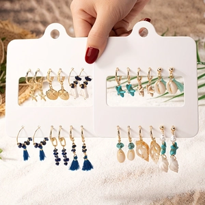 Bohemian Ocean Theme Earrings Alloy Shell Conch Starfish Turquoise Tassel Dangle Drop For Women Summer Beach Vacation