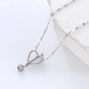 Minimalist silver stainless steel heart necklace with zircon stones and OT toggle clasp