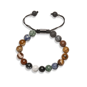 Adjustable natural stone bead bracelet with volcanic and tiger eye stones on black cord