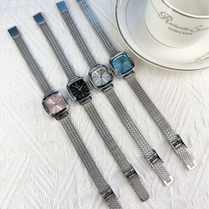 Women's luxury square dial watch with silver mesh steel band in four elegant colors