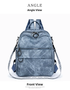 Dettaglio dello zaino da viaggio vintage blu con trama denim e tracolla a motivi