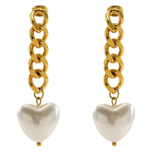 18K gold plated stainless steel chain earrings with elegant heart-shaped pearl pendants