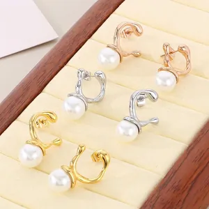 Geometric Irregular Stainless Steel Stud Earrings With Shell Artificial Pearl French Retro Minimalist Elegant Jewelry For Women