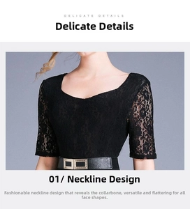 Detail of elegant black lace dress with U-neckline and slim waist belt showing fabric texture