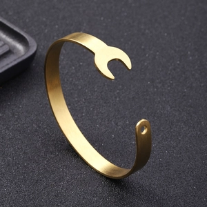 Punk style creative wrench open cuff bracelet in gold finished stainless steel