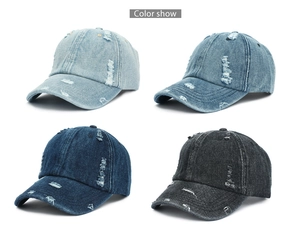 Aperçu des couleurs de casquettes en denim délavé avec détails déchirés et usés style