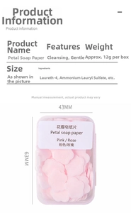 Detailed size specifications of portable pink petal soap paper in a 63mm compact clear box