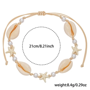 Detail view of woven starfish and seashell anklet with 21cm circumference and 8.4g weight