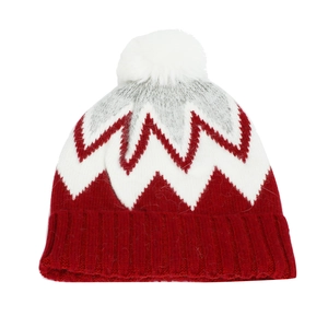 Bonnet en tricot rouge et blanc avec motif zigzag et pompon blanc en fausse fourrure