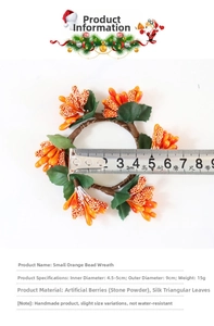 Detail view of orange berry napkin ring with 4.5cm inner diameter and silk leaves
