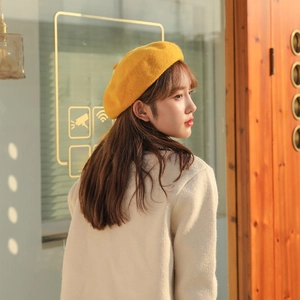Chic mustard yellow wool beret for women, elegant autumn winter French style fashion hat
