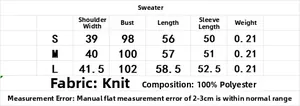 Size chart for women's V-neck knit sweater showing S, M, L measurements and 100% polyester material