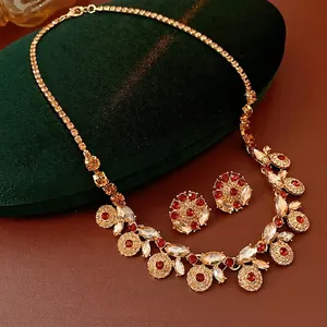 Vintage Royal Jewelry Set For Women Alloy Rhinestone Necklace And Earrings With Silver Earring Post Elegant Luxury