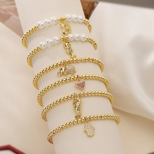 Fashion Copper Gold Plated Beaded Bracelet For Women With Zircon Heart Elephant Seahorse Hamsa Moon Charms Jewelry
