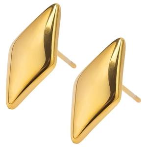 Macro detail of geometric diamond stud earrings in polished gold stainless steel