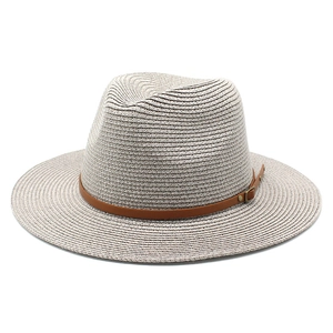 Close-up of light gray straw fedora hat texture with brown faux leather band and buckle