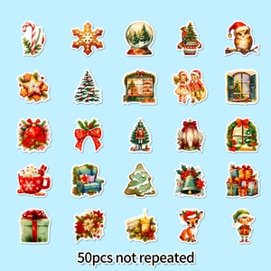 50pcs non-repeating Christmas stickers featuring trees and snowflakes on blue background