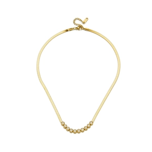 Gold-plated herringbone chain necklace with circular clear gemstones and lobster clasp