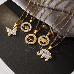Stainless Steel Necklace Hollow Animal Pendant Rhinestone Crystal Elephant Dragonfly Butterfly Owl Vintage Jewelry For Women