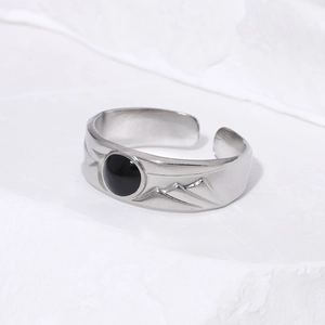 Minimalist silver-plated titanium steel ring with black oval gem and mountain relief