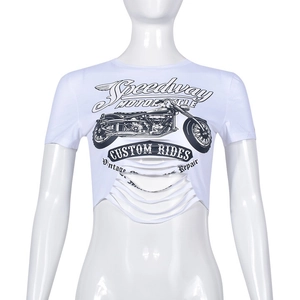 Close-up of white cropped t-shirt with retro motorcycle print and distressed hem detail