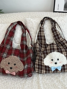Cute Plush Dog Plaid Tote Bag Large Capacity Fabric Handbag Shoulder Bag For Women School Daily Korean Style