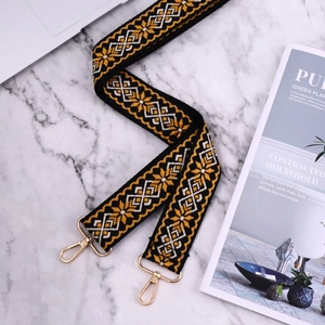 Ethnic style woven wide shoulder strap for bags with yellow geometric patterns on black