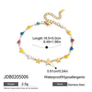 Detail view of colorful heart and star stainless steel bracelet with dimensions and weight