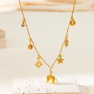 Stainless Steel Pendant Necklace 18K Gold Plated Cubic Zirconia Star Shell Hamsa Hand Multi Charm Boho Jewelry For Women