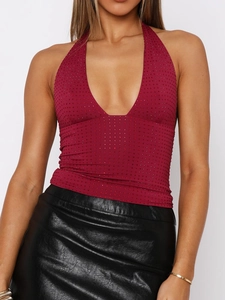 Deep V-neck wine red halter top for women with sparkling rhinestones and mesh texture