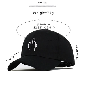 Detail view of black cotton baseball cap with dimensions and gesture embroidery