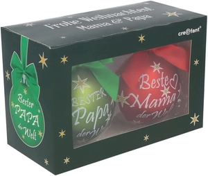 Gift set featuring red and green Christmas baubles in a Mama and Papa themed box