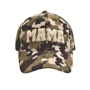 Close-up of MAMA chenille patch with gold sequins on camouflage corduroy baseball cap