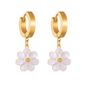 Stainless Steel Flower Butterfly Hoop Earrings For Women White Mother Of Artificial Pearl Dangle Elegant Geometric Daisy Jewelry